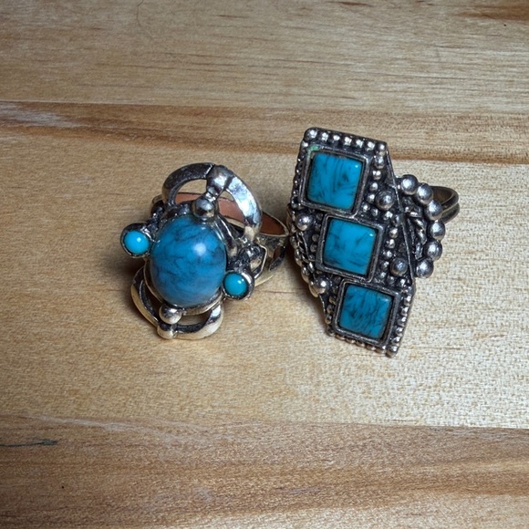 Jewelry - Duo Of Turquoise Stone Silver Tone Cocktail Rings Adjustable Statement Y2K Vint.